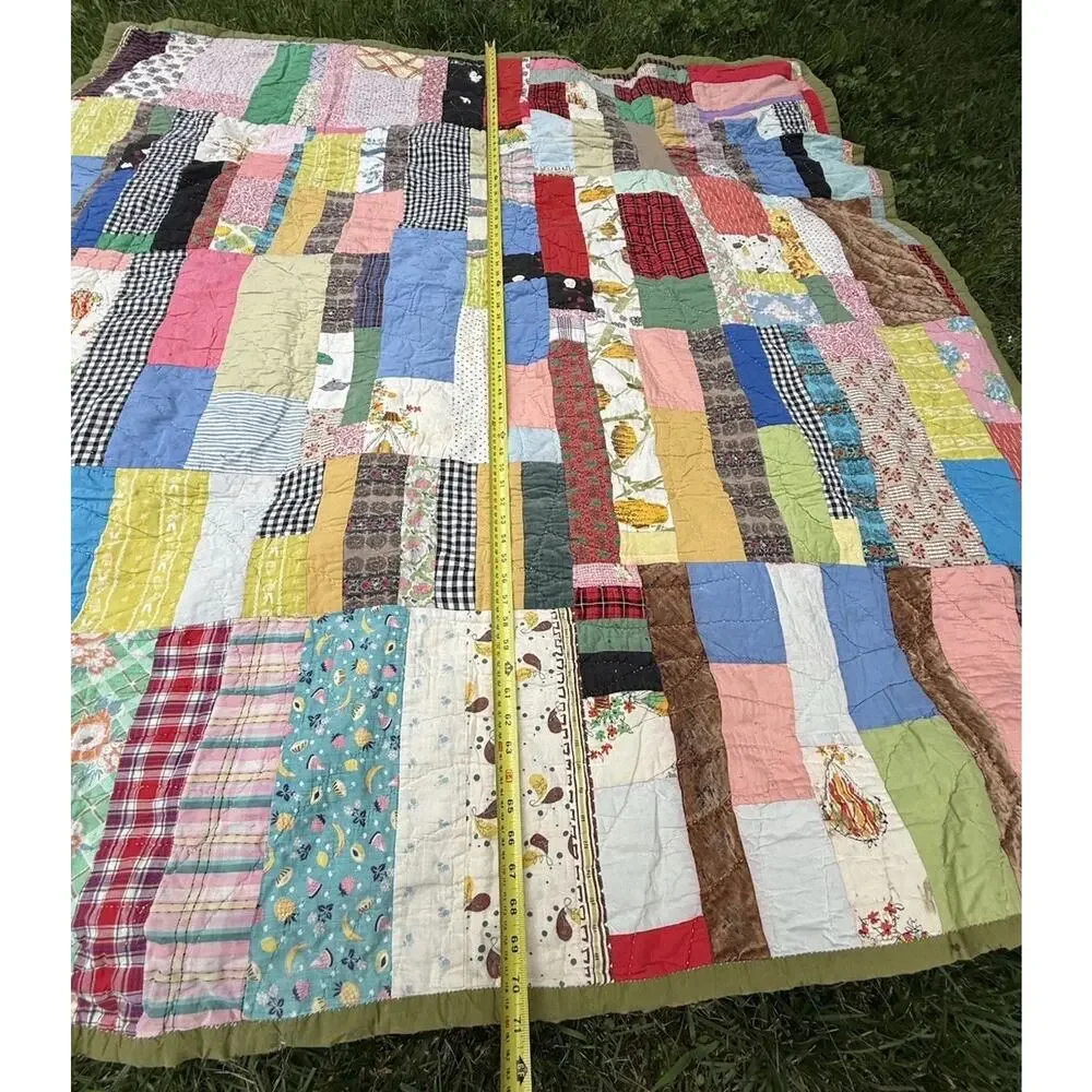 Antique Vintage 1930’s CRAZY QUILT Multi-Color Feed Sack Olive Green Back